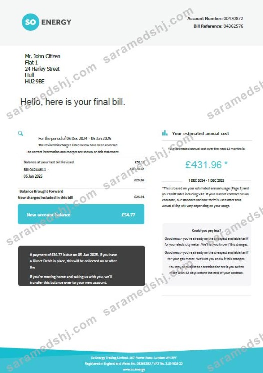 United Kingdom So Energy utility bill template in Word and PDF formats